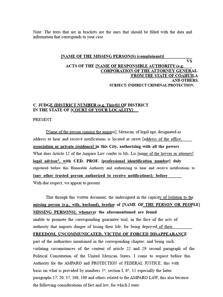 Amparo Request for Missing Persons Case | PDF | Crimes | Crime & Violence