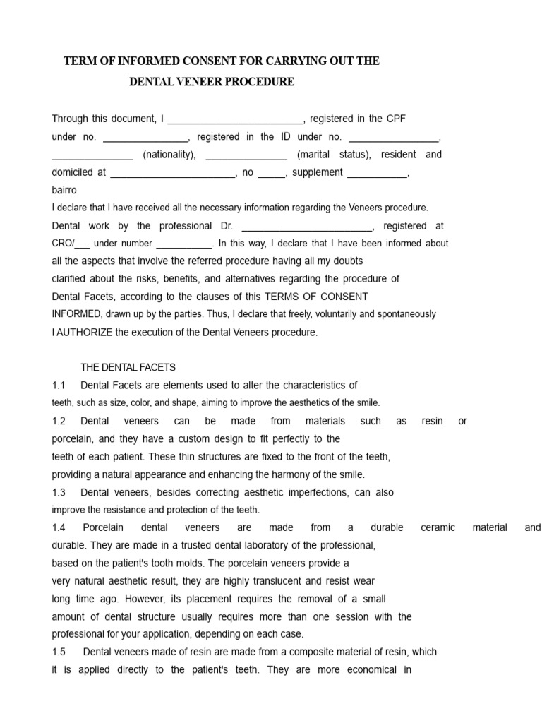 Dental Veneer Informed Consent Form | PDF | Dentistry Branches