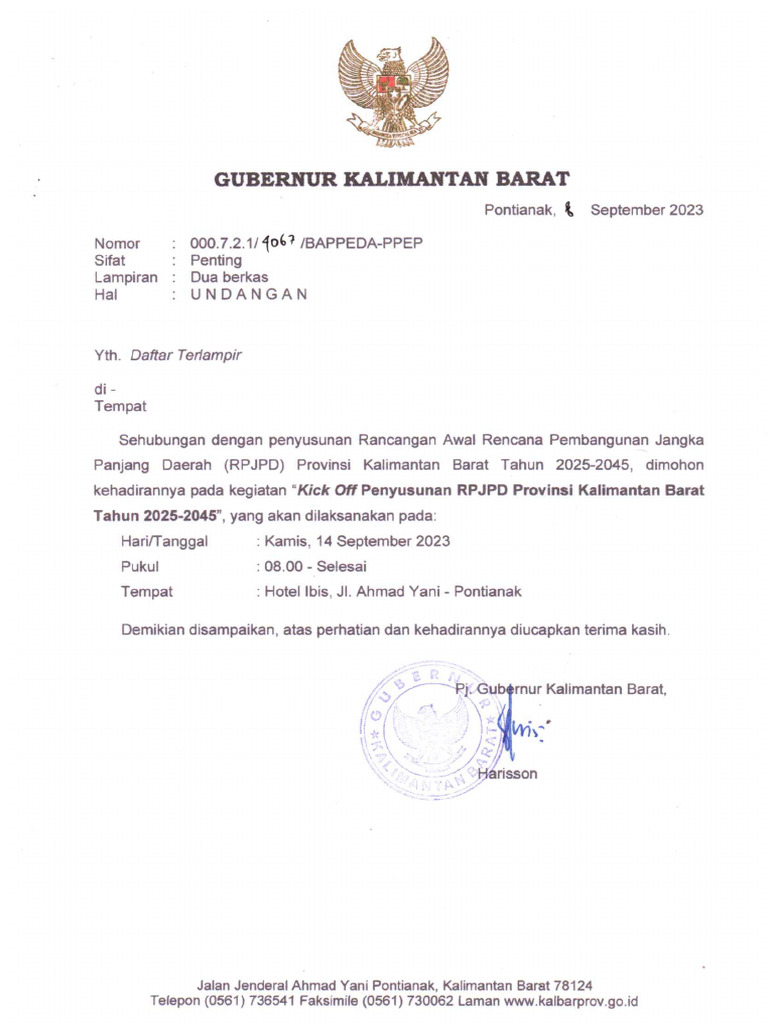 Undangan Kick Off Rpjpd Prov Kalbar - 14092023 | PDF