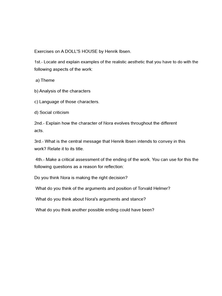 Exercises On A DOLL'S HOUSE by Henrik Ibsen | PDF