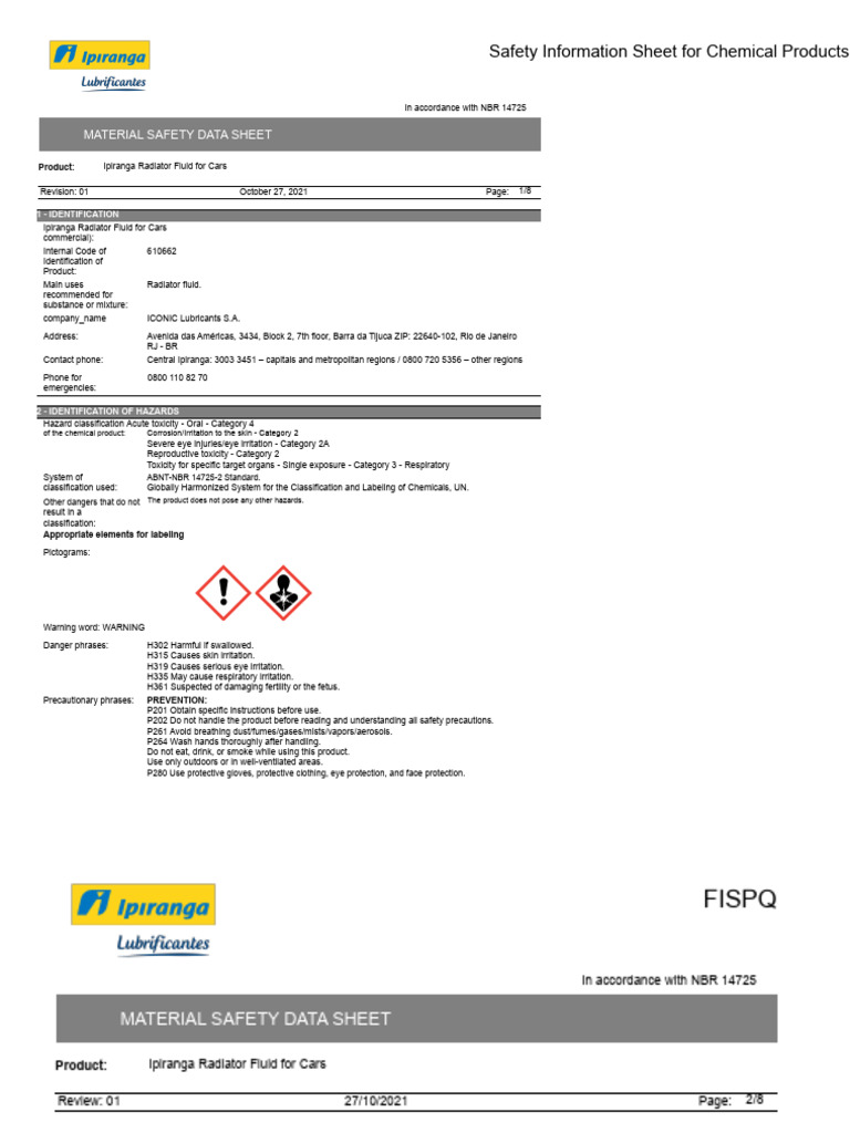 Safety Data Sheet (SDS) - Ipiranga Radiator Fluid For Car 610662 - Rev ...