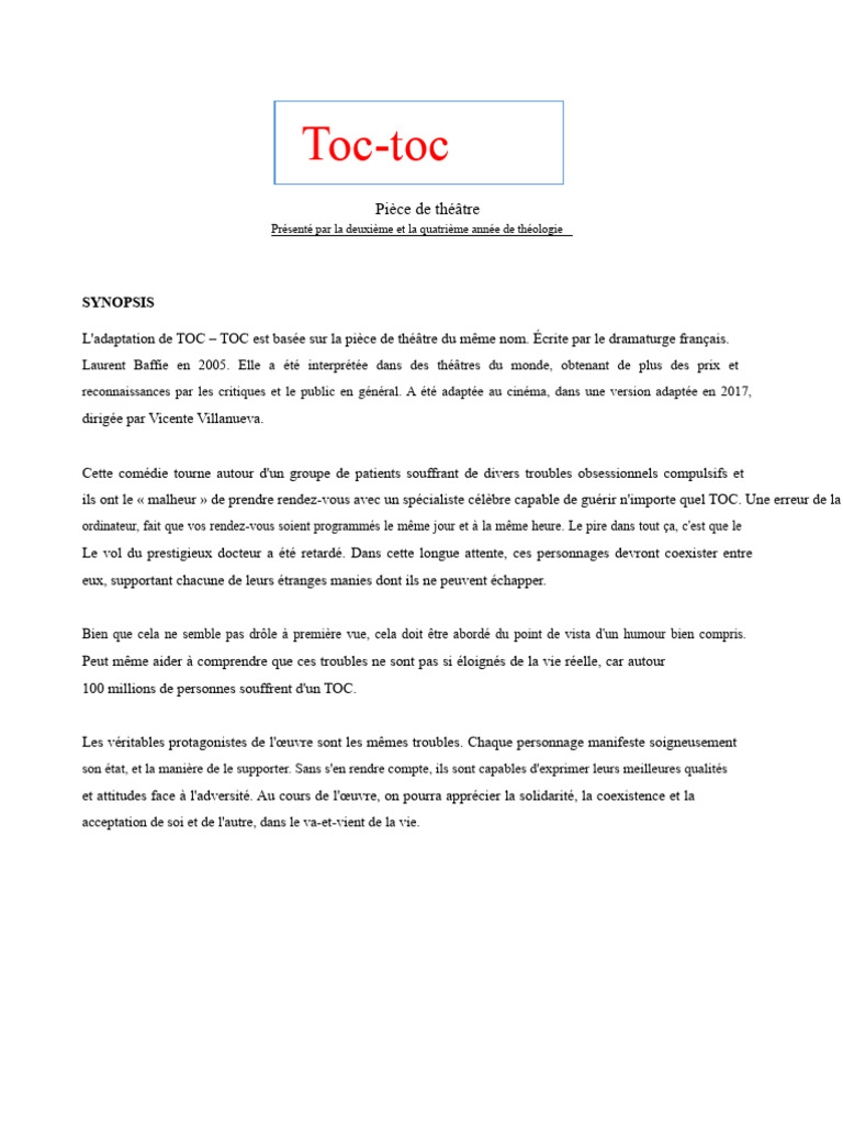 Comédie "Toc-Toc" : Humour et TOC en scène | PDF | Trouble obsessionnel ...