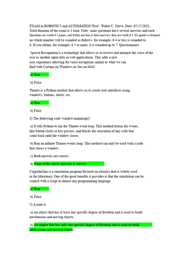 Robotics and Automation Exam Questions | PDF | Computer Science ...
