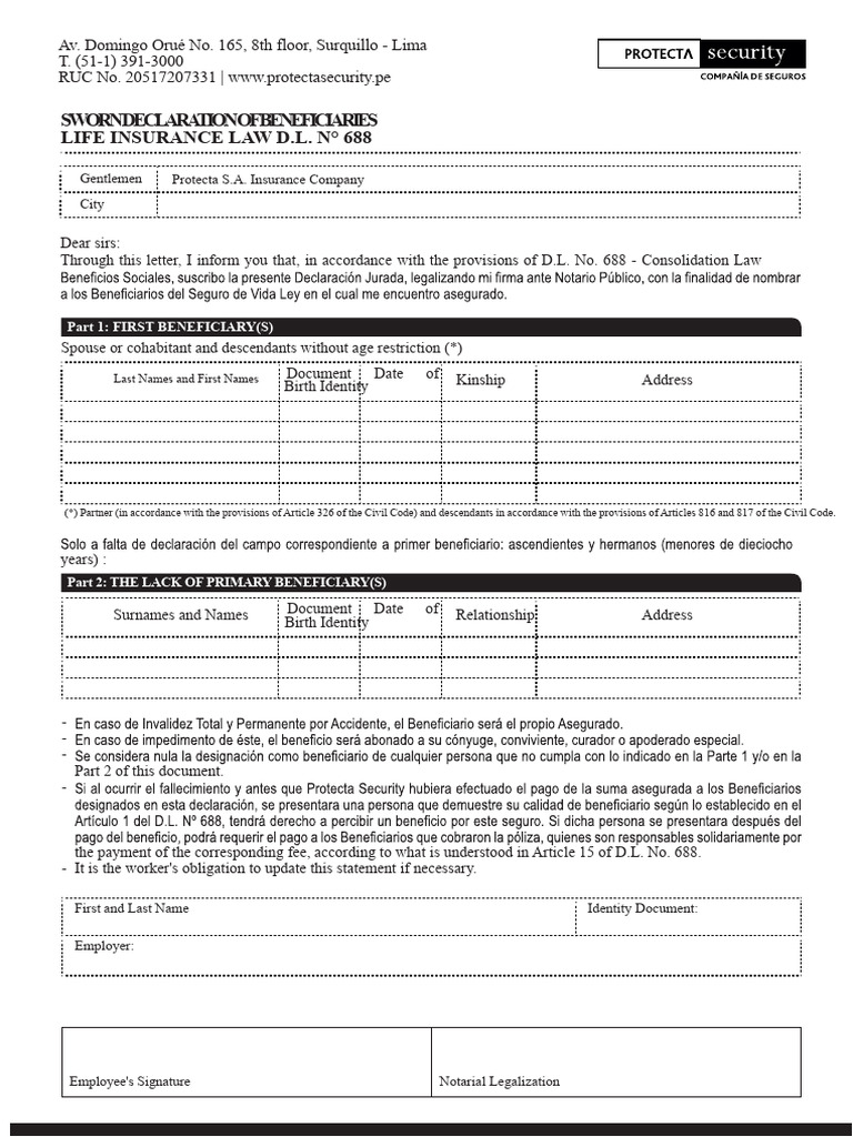 Affidavit of Beneficiaries - Life Insurance Law D.L. 688 | PDF