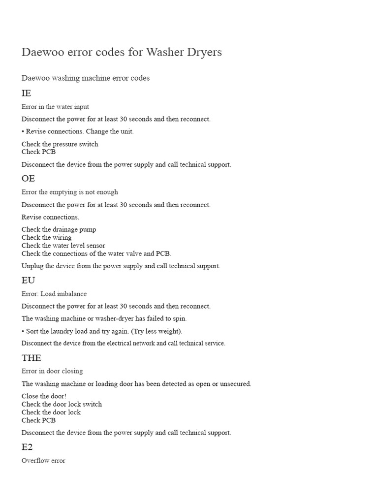 Daewoo Washing Machine Error Codes Guide | PDF | Washing Machine | Machines