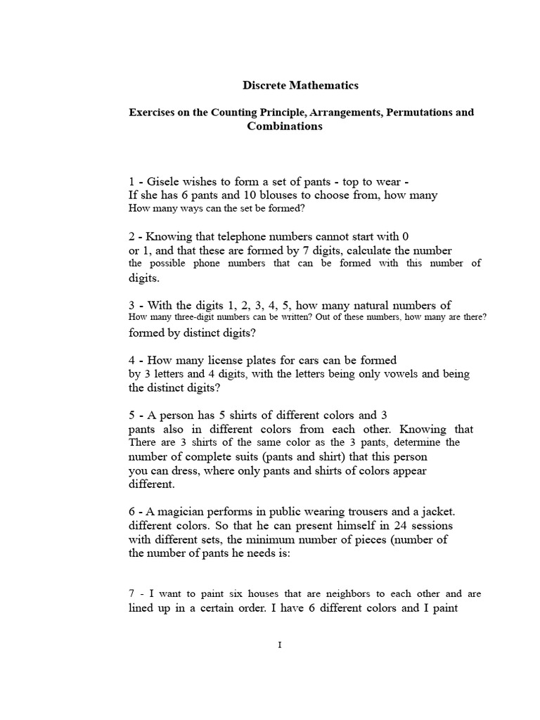 Exercises On Arrangements Combinations And Permutations Pdf Trousers
