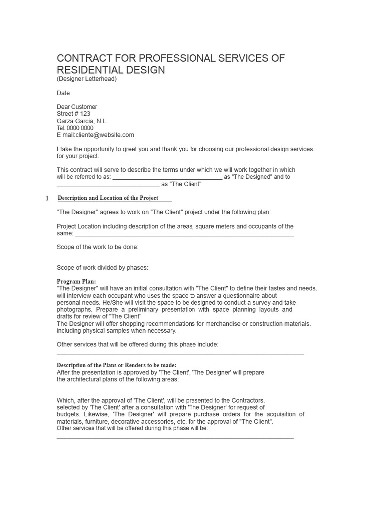 Residential Design Services Contract | PDF | Payments | Fee