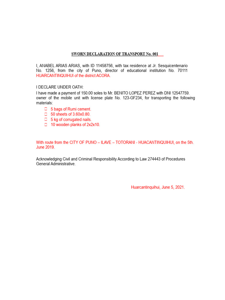 Sworn Declaration of Transport No. 001 | PDF