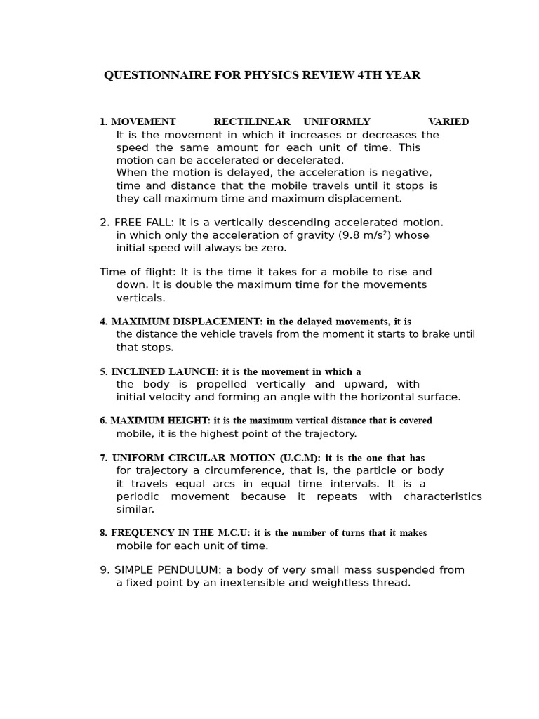 Physics Review Questionnaire for 4th Year | PDF | Force | Acceleration