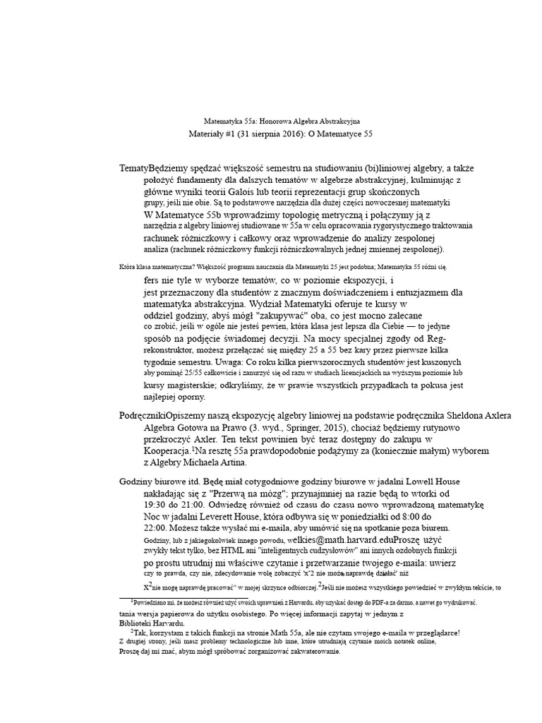 Program Kursu Math 55a Honors Algebra Abstrakcyjna | PDF
