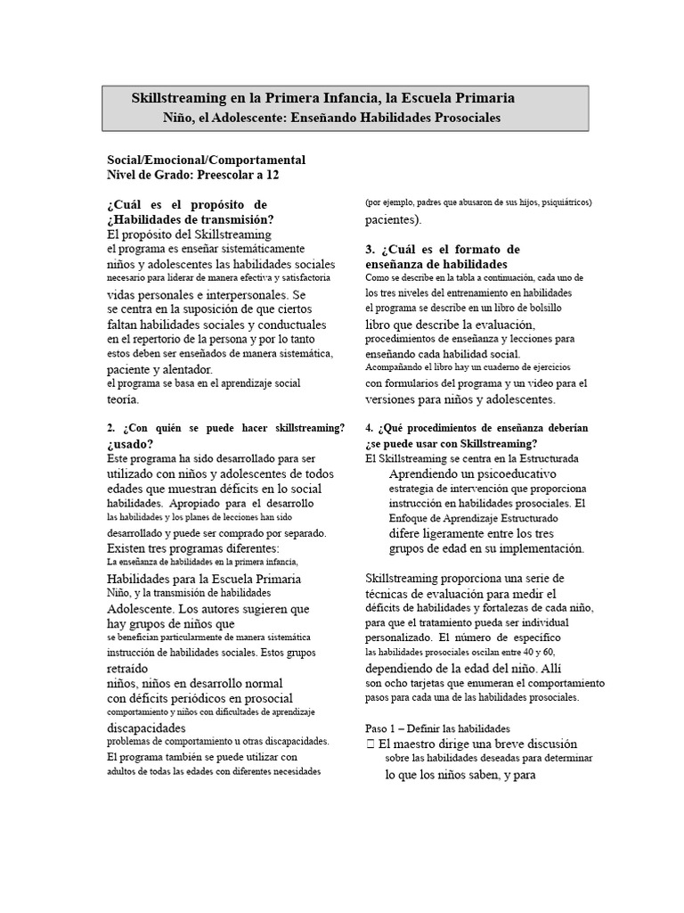 Habilidades Sociales en Niños: Skillstreaming | PDF | Habilidades ...