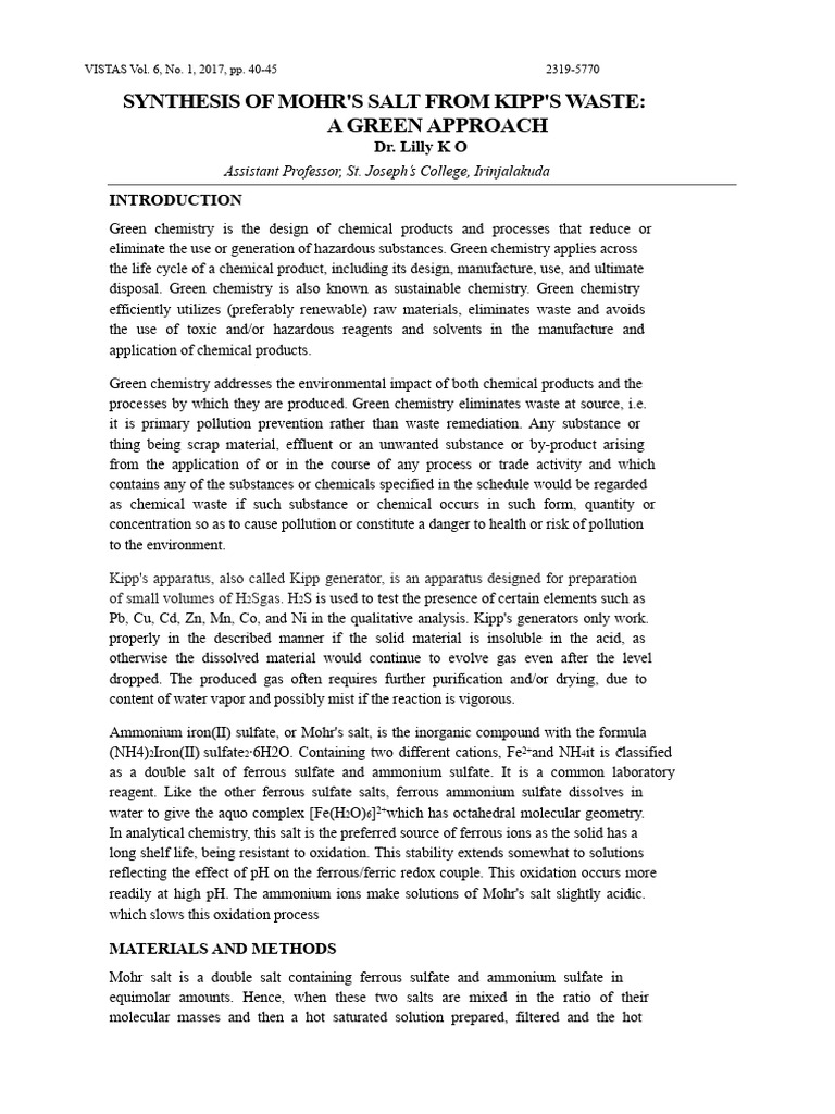 Synthesis of Mohr'S Salt From Kipp'S Waste A Green Approach PDF — free download