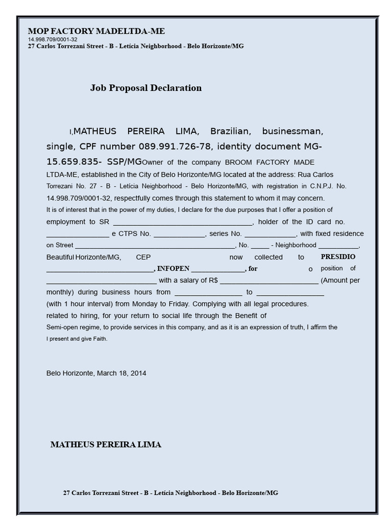 Job Offer at Rua Carlos Torrezani | PDF