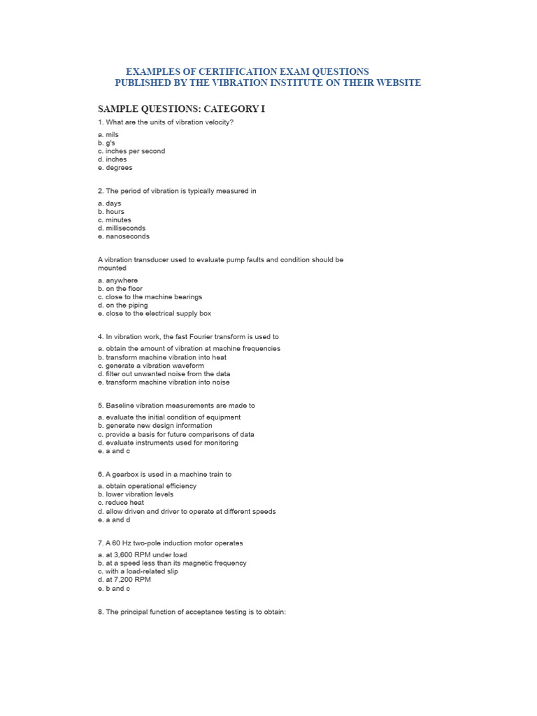 Vibration Certification Exam Sample Questions | PDF | Mechanics ...