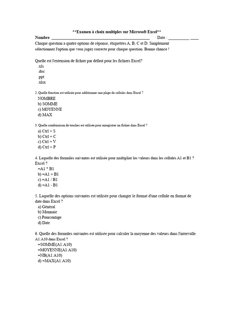 Quiz Excel : Questions et Réponses | PDF | Microsoft Excel | Contrôle ...