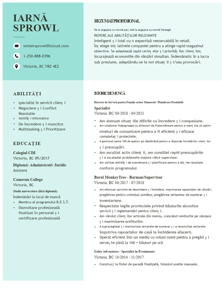 Winter Sprowl CV1 | PDF
