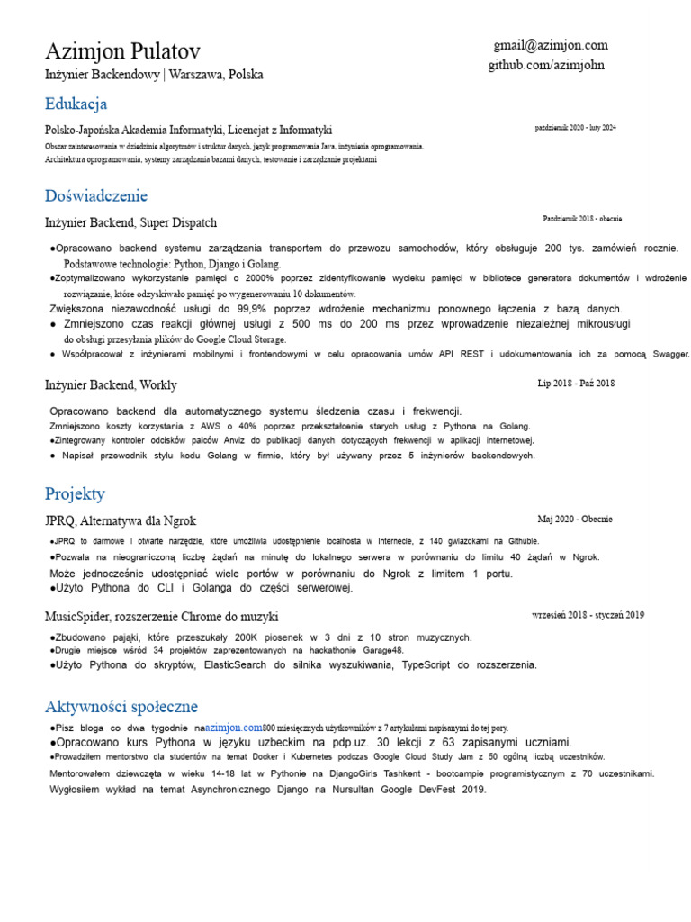 CV Azimjona Pulatova | PDF