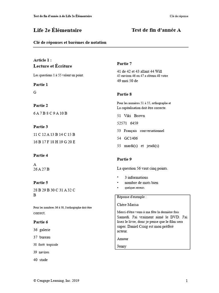 Test de fin d'année Life 2e Élémentaire | PDF | Linguistique