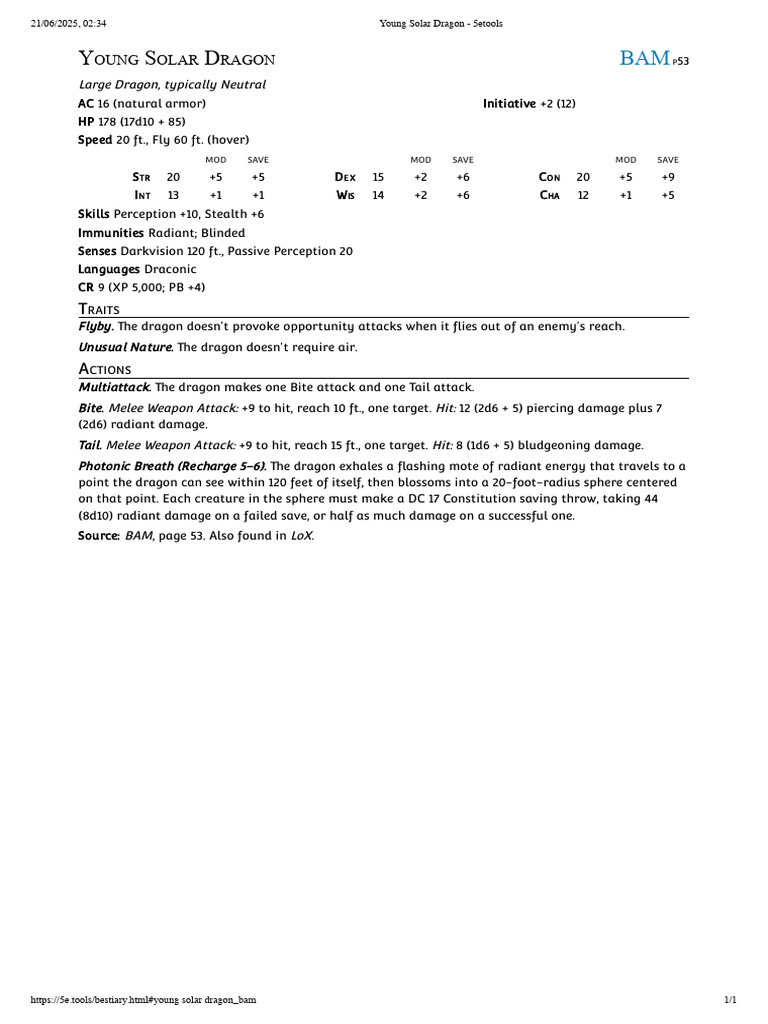 Young Solar Dragon Stat Block 5E | PDF