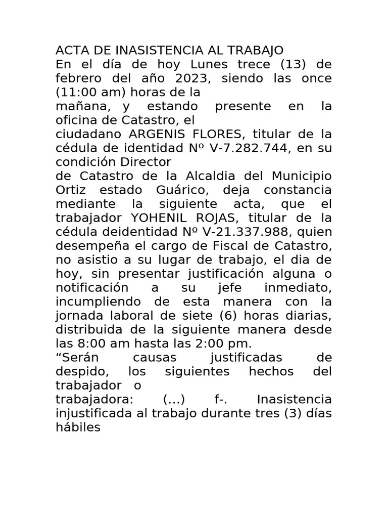 Acta de Inasistencia Laboral 2023 | PDF