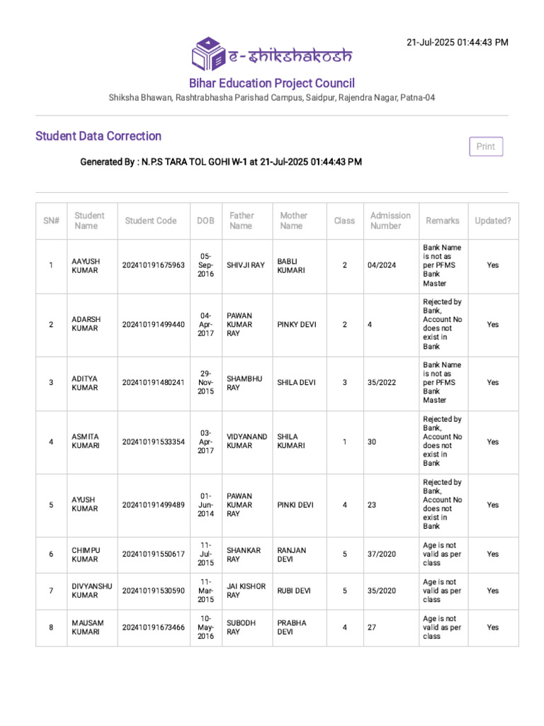 Bihar Student Data Correction Report | PDF