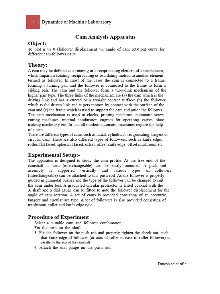 Cam Follower Dynamics Experiment Guide | PDF | Machines | Motion (Physics)