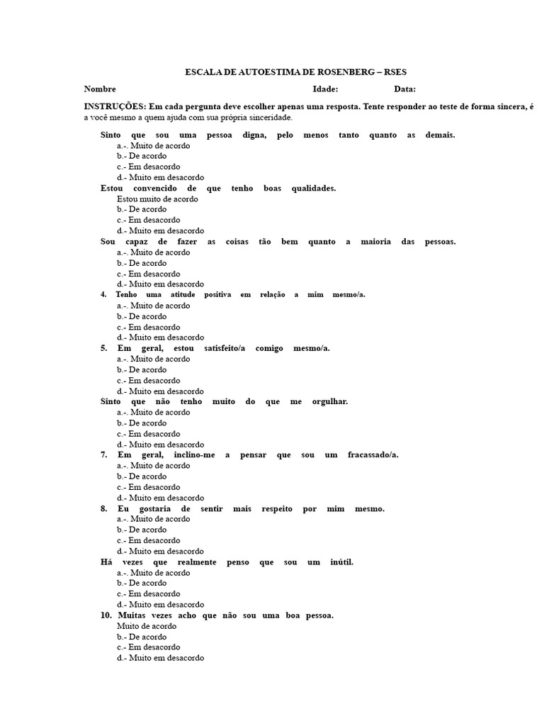 Teste de Autoestima de Rosenberg RSES | PDF | Autoestima | Psicologia