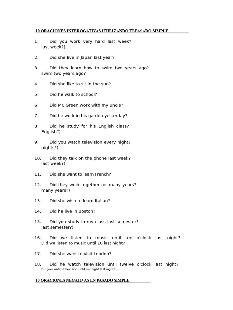 10 Simple Past Interrogative Sentences | PDF