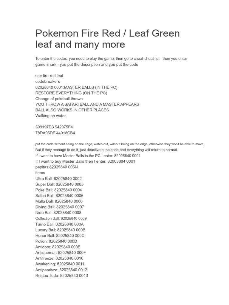 Pokémon Fire Red Cheat Codes Guide | PDF