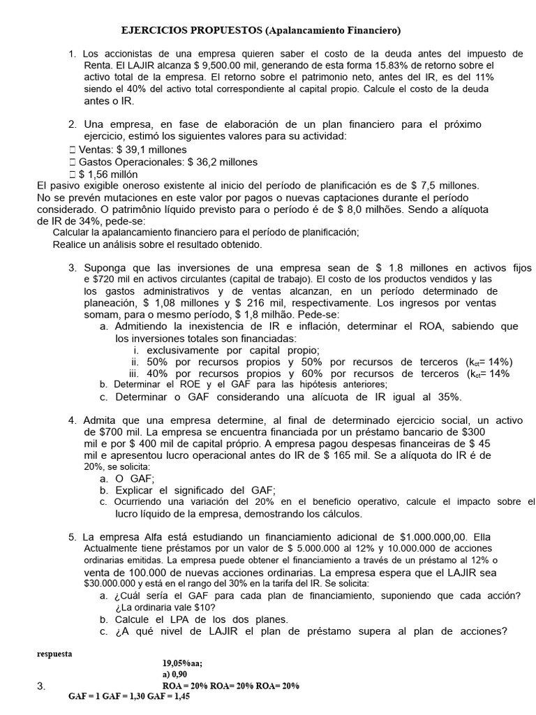 Ejercicios de Apalancamiento Financiero | PDF | Apalancamiento ...