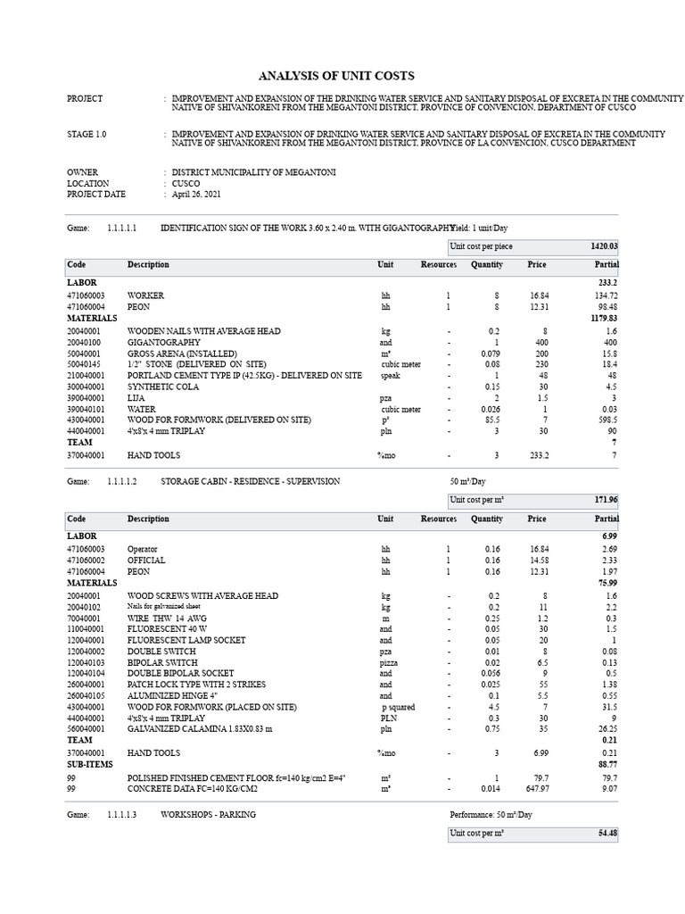 Unit Cost Analysis for Water Project | PDF | Concrete | Building ...