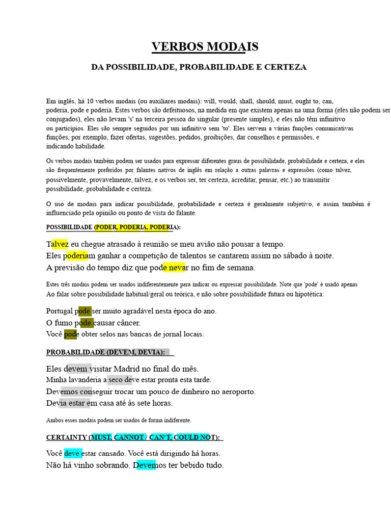 Verbos Modais: Possibilidade e Certeza | PDF | Probabilidade | Dinheiro