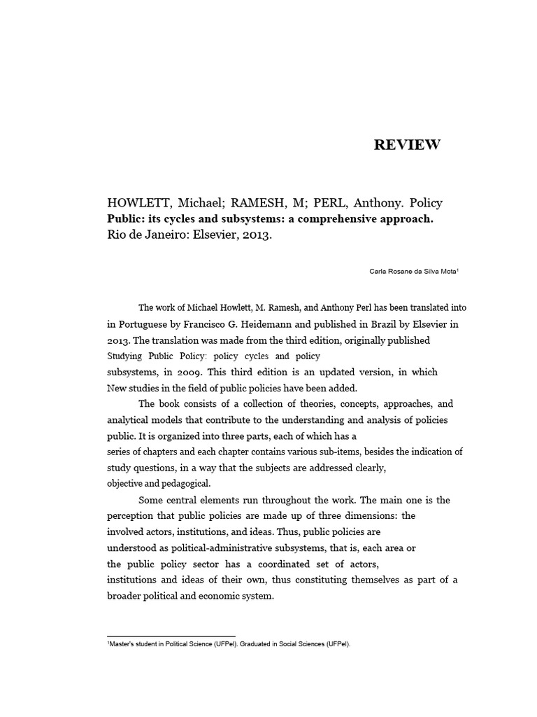 HOWLETT, Michael RAMESH, M PERL, Anthony. Public Policy: Its Cycles and ...