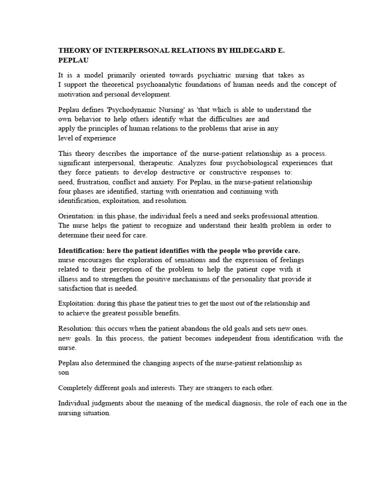 Peplau's Interpersonal Relations Theory | PDF | Nursing | Psychology