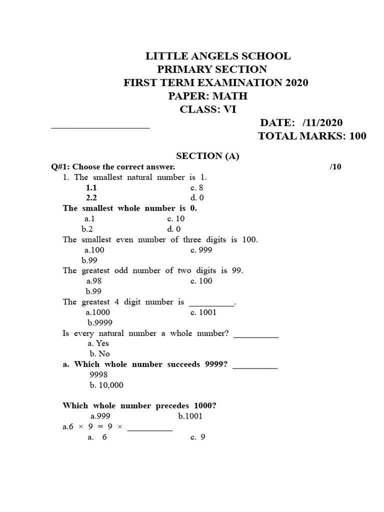 VI Grade Math Exam Paper 2020 | PDF | Mathematics | Number Theory