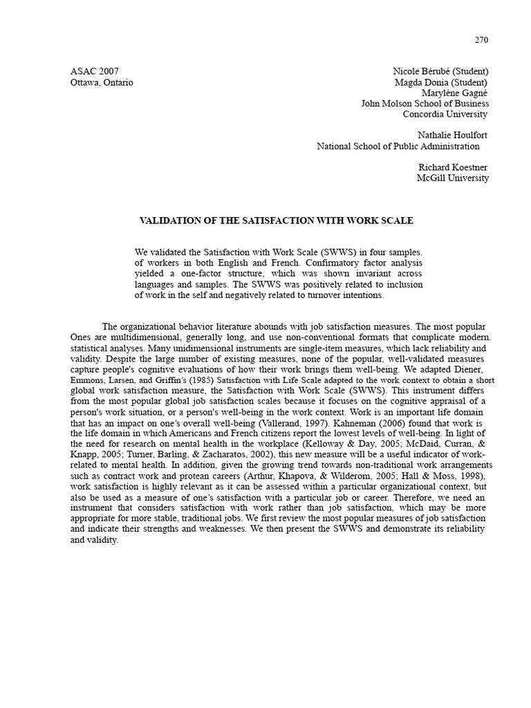 Validation of Satisfaction with Work Scale | PDF | Job Satisfaction ...