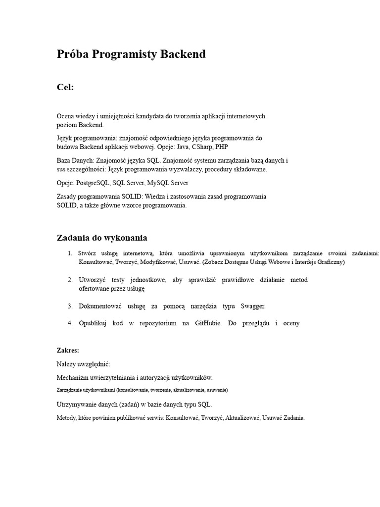 Test Programisty Backend | PDF