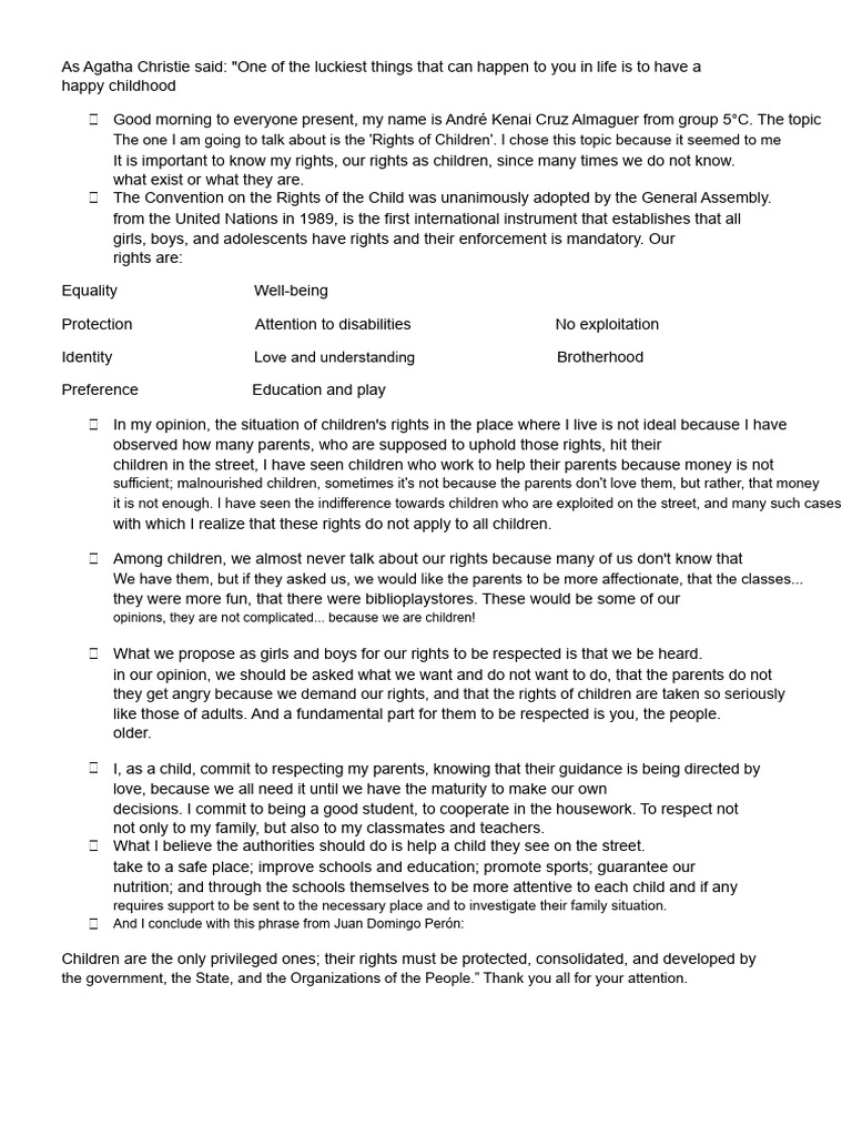 Speech On The Rights of Children | PDF | Children's Rights | Social ...