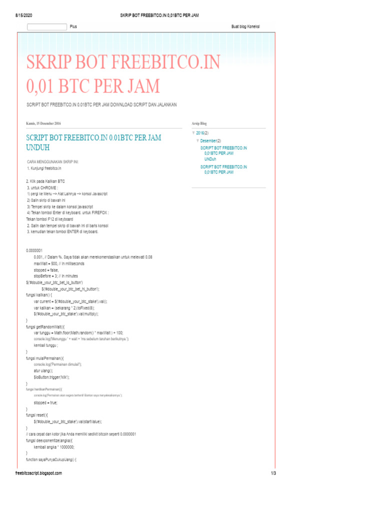 Skrip Bot Freebitco.in 0,01 BTC/Jam | PDF