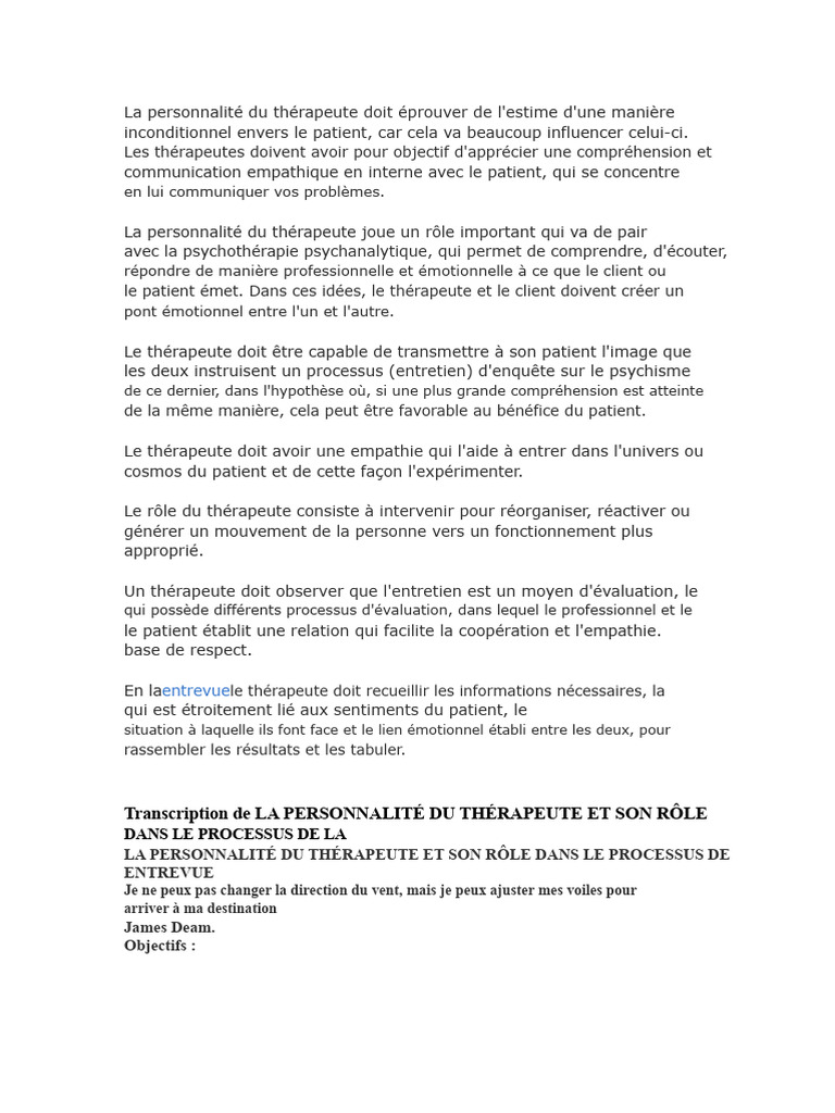 Rôle et personnalité du thérapeute en entretien PDF Empathie — free download