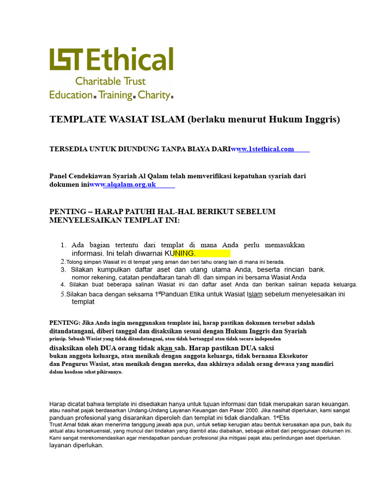Template Wasiat Islam Sesuai Hukum Inggris | PDF