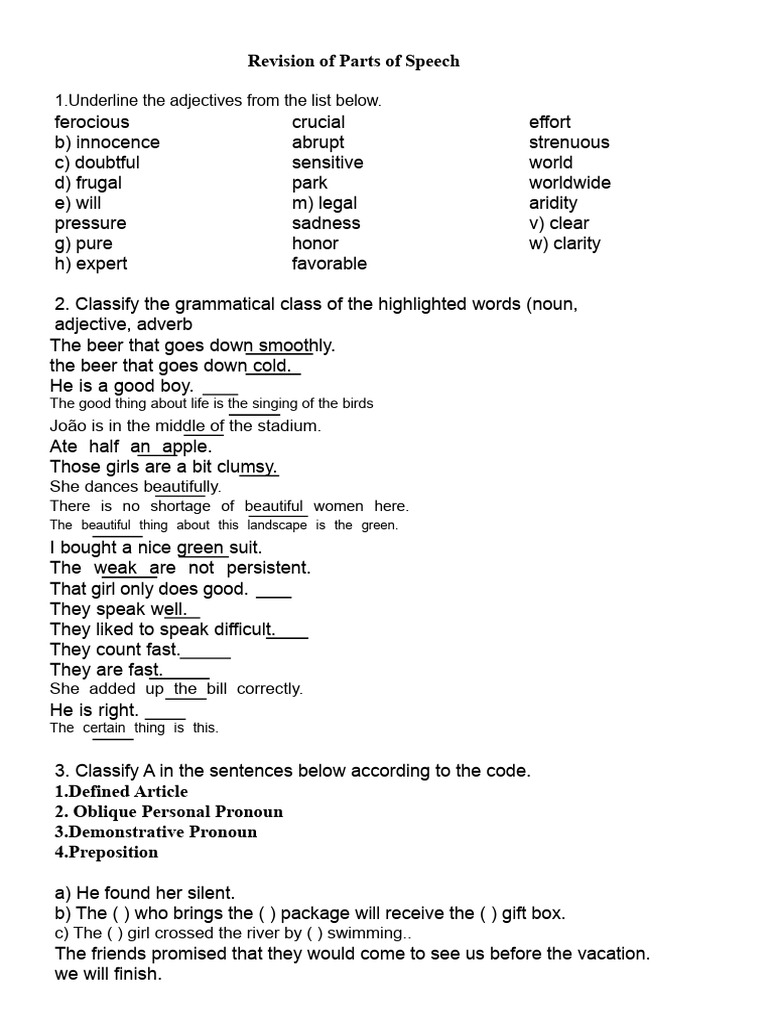 Parts of Speech Revision Exercises | PDF