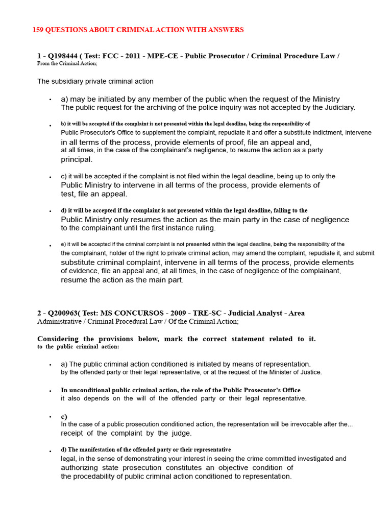 159 Criminal Action Questions & Answers | PDF | Prosecutor | Crimes