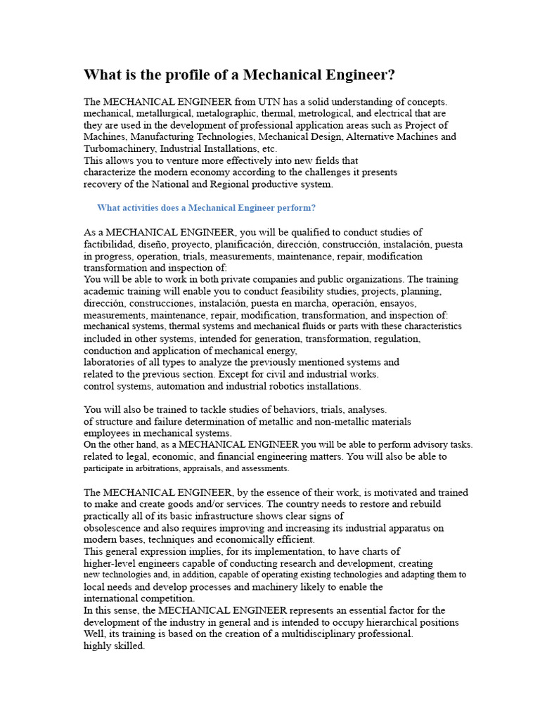 the profile of the Mechanical Engineer | PDF | Creativity | Skill
