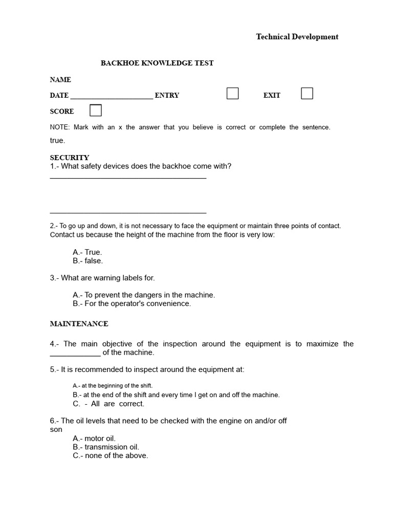Backhoe Knowledge Test and Safety Guide | PDF | Loader (Equipment)