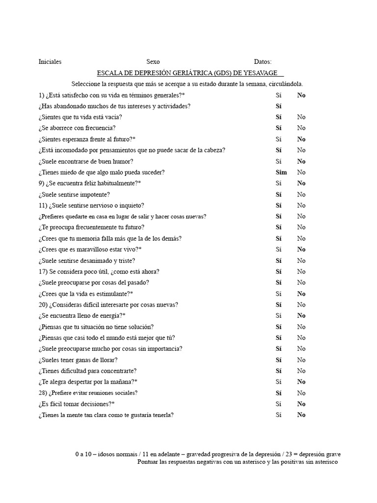 Escala GDS de Depresión Geriátrica | PDF | Depresión (estado de ánimo ...