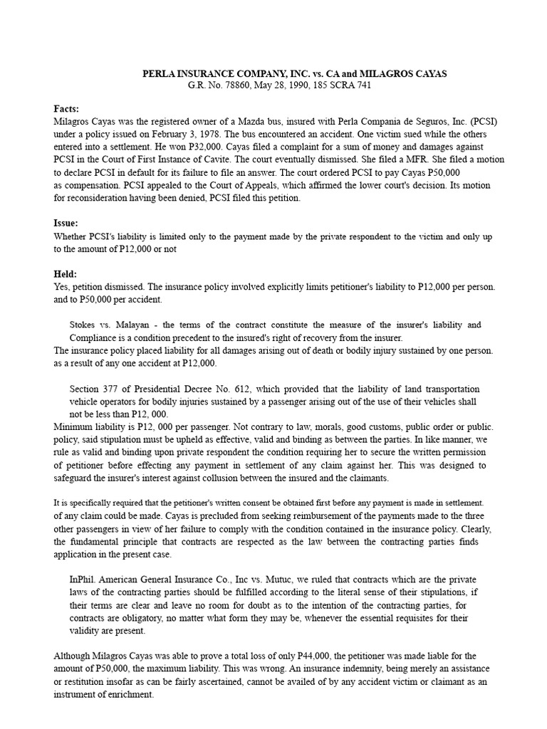 Perla Insurance Company vs. CA Digest | PDF | Insurance | Legal Liability
