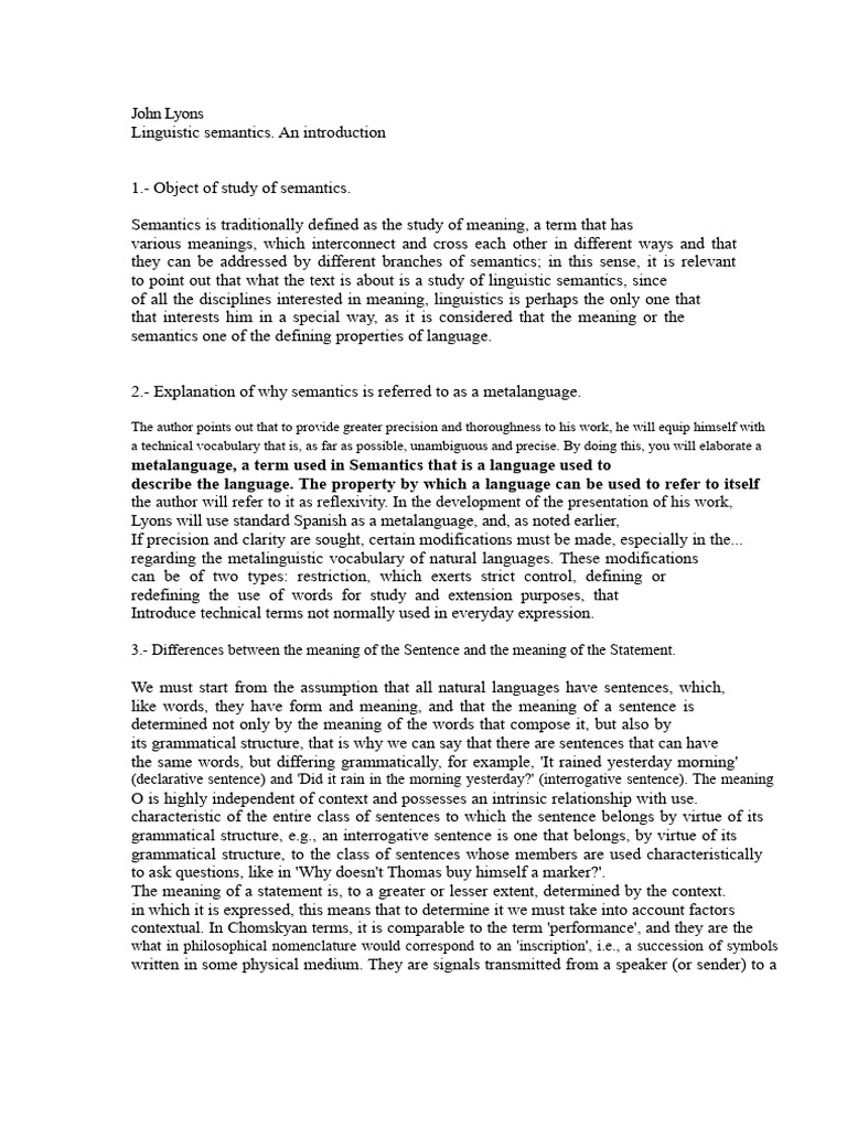 Lyons on Linguistic Semantics | PDF | Semantics | Word