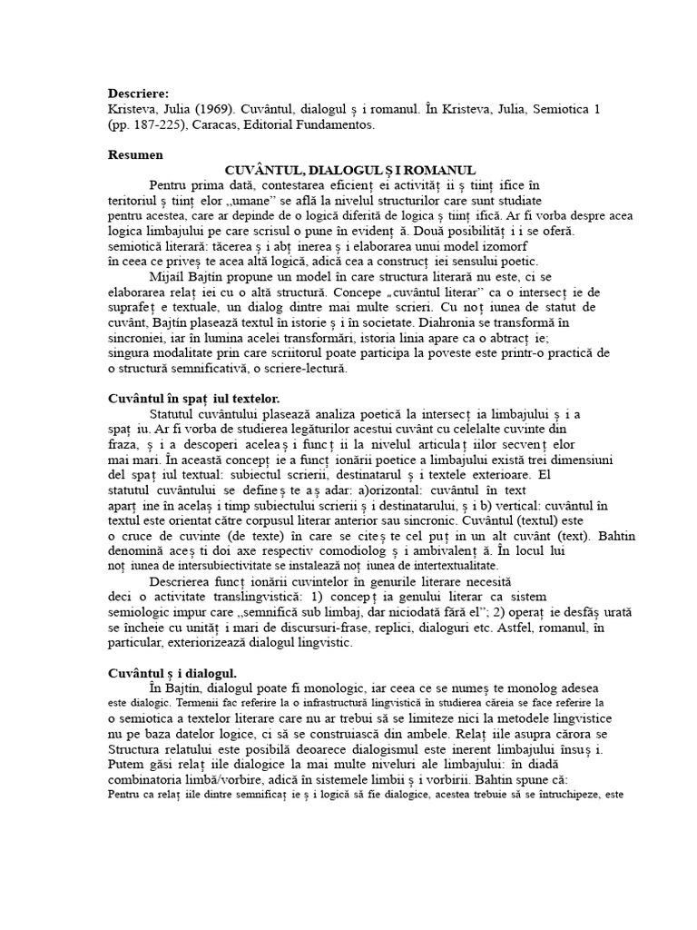 Kristeva, Julia - Cuvântul, Dialogul Și Romanul | PDF