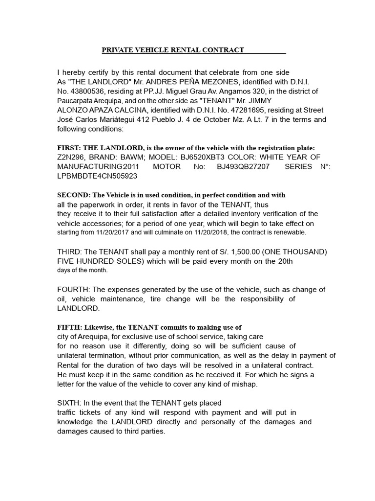 Private Vehicle Rental Agreement | PDF | Lease | Landlord